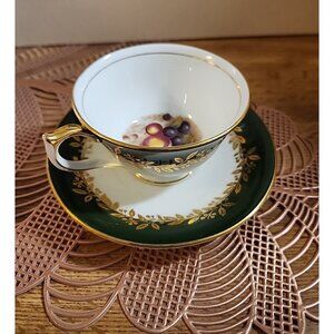 Vintage Aynsley Orchard Fruit Green Gold Gilt Bone China Cup & Saucer Set